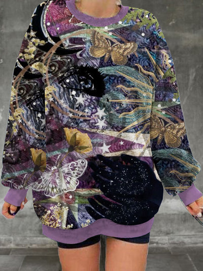 Ladies' retro butterfly collage art pattern print casual fashion long sleeved loose round neck sweatshirt