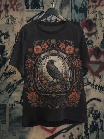 Unisex Gothic Raven Floral Print Casual Crew Neck T-Shirt