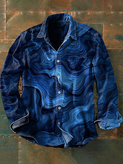 Men's  Vintage Blue Gradient Waves Print Casual Long Sleeve Shirt