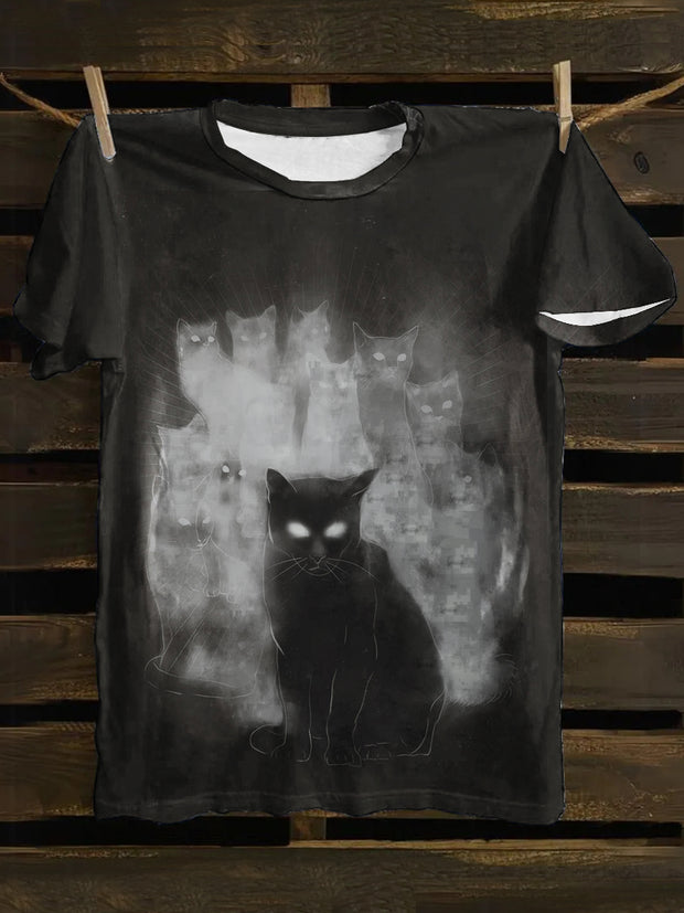 Unisex Cat And Ghost Print Casual Short Sleeves T-Shirt