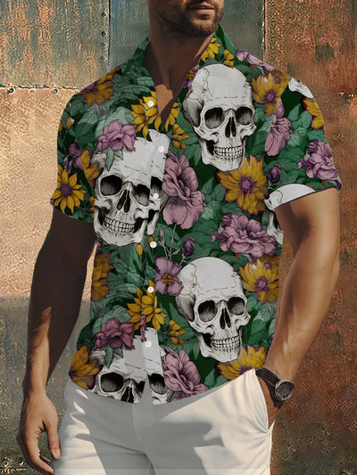 Men's Skull Daisy Print Hippie Style Short Sleeve Shirt