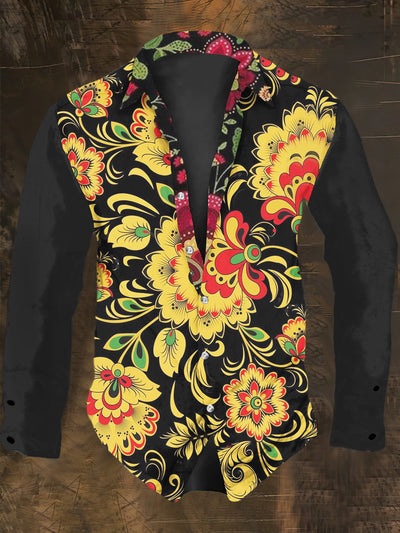 Men's Bohemian National Floral Abstract Print Casual Shirt Long Sleeve