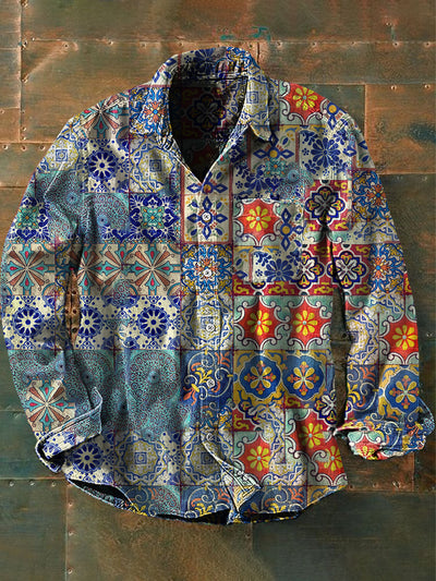 Unisex Men's Vintage Western Colorful Persian Patterns Abstract Print Casual Long Sleeve Shirt