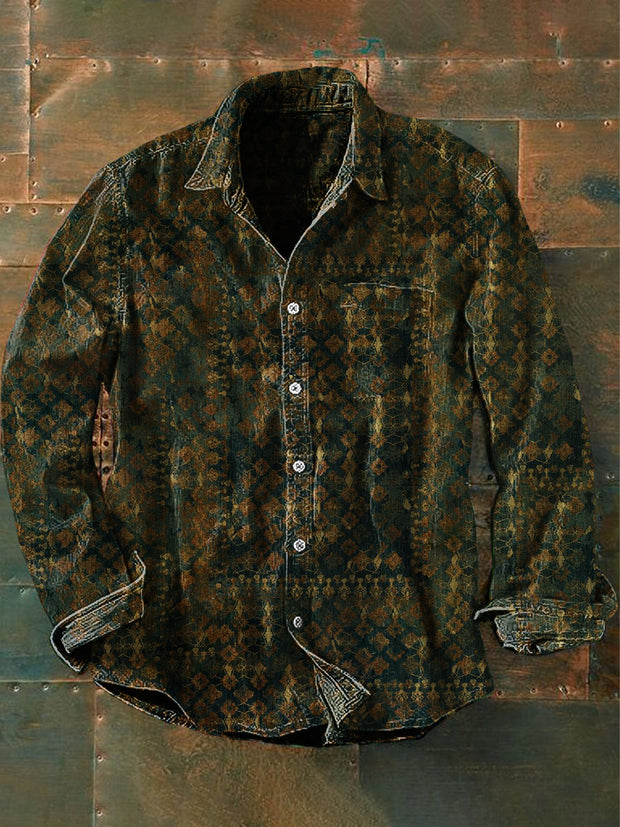 Unisex Men's Vintage Western Gold Geometric Pattern Abstract Print Casual Long Sleeve Shirt