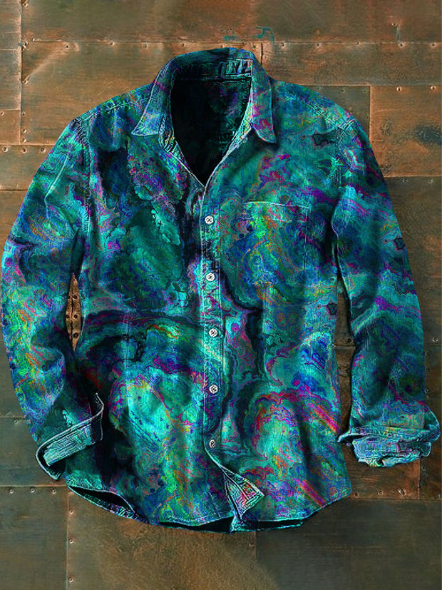 Unisex Men's Vintage Colorful Graffiti Ripple Abstract Print Casual Long Sleeve Shirt