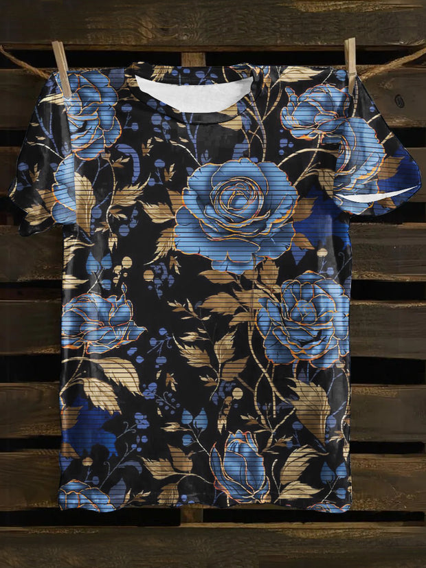 Unisex Blue Rose Print Punk Casual Short Sleeves T-Shirt