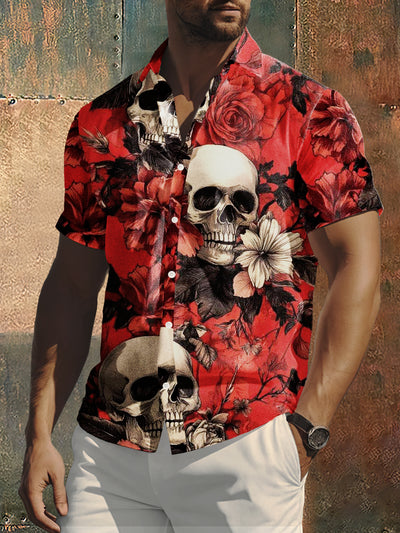 Men's Skull With Flowers Print Punk Style Short Sleeve Shirt