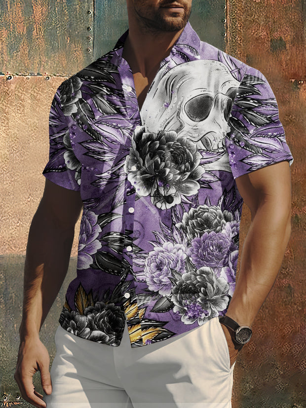 Men's Skull Flower Print Punk Style Short Sleeve Shirt