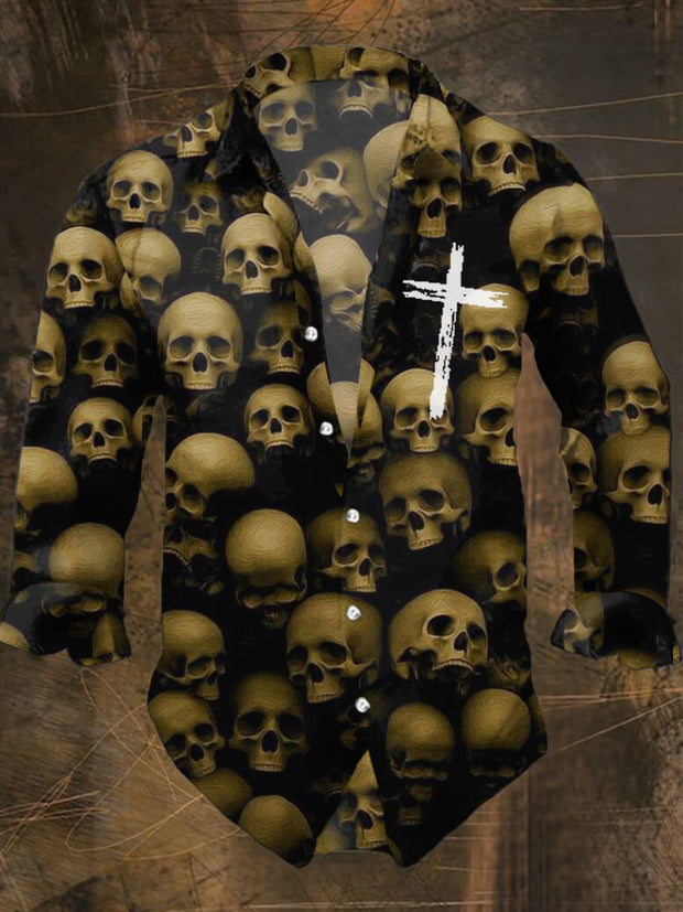 Men's Skull And Cross Punk Style Print Casual Shirt Long Sleeve