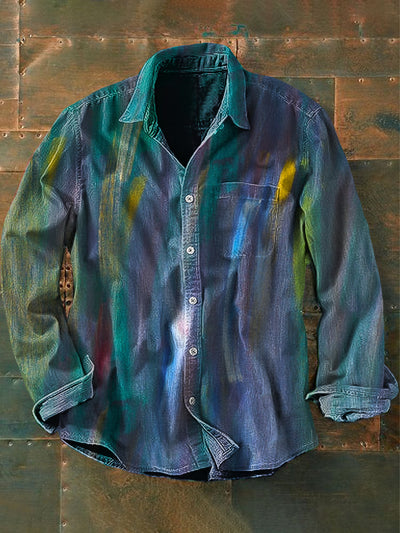 Unisex Men's Vintage Western Colorful Stripes Abstract Print Casual Long Sleeve Shirt