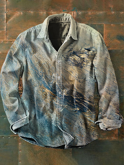 Unisex Men's Vintage Western Oil Painting Colorful Abstract Print Casual Long Sleeve Shirt