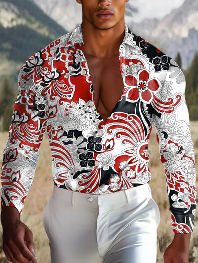 Men's Outdoor Vintage Western Ethnic Floral Art Design Royal Casual Cotton Satin Long Sleeve Shirt