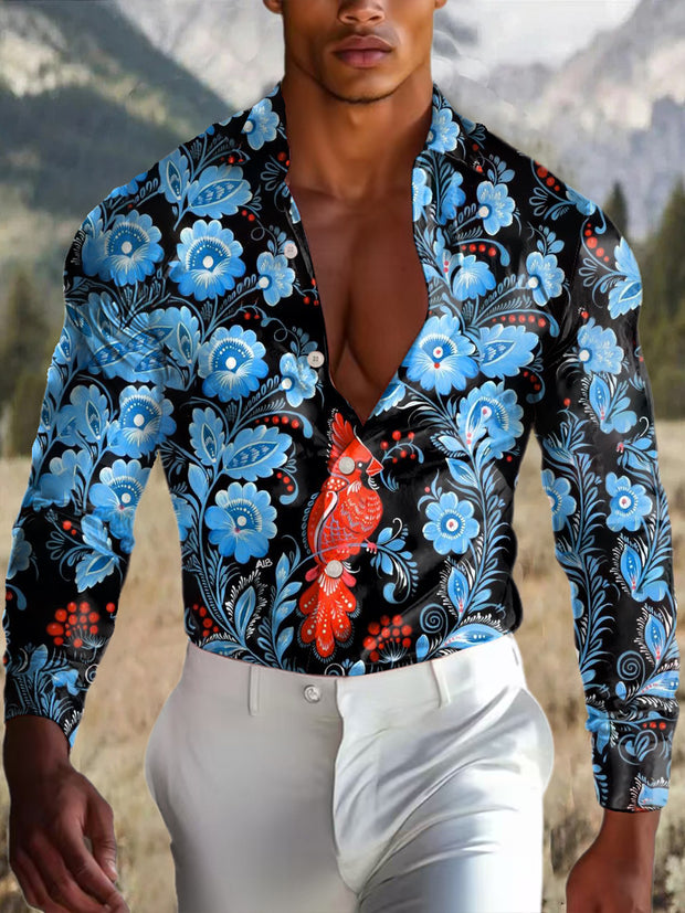 Men's Outdoor Vintage Western Ethnic Floral Parrot Bird Royal Casual Cotton Satin Long Sleeve Shirt