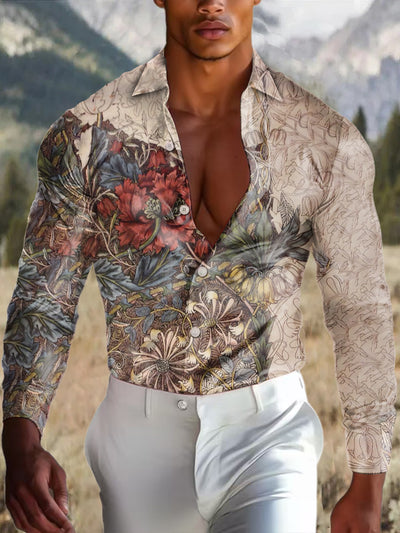 Men's Outdoor Vintage Western Ethnic Floral Creative Colorful Royal Casual Cotton Satin Long Sleeve Shirt