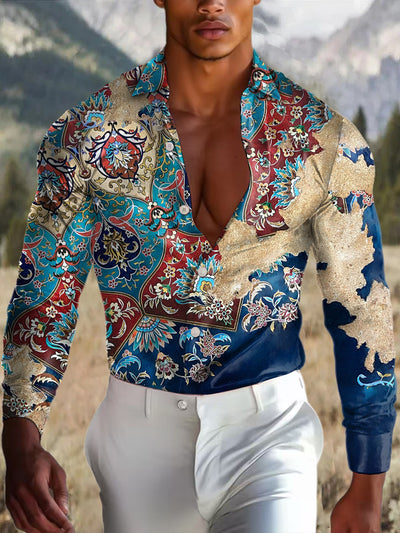 Men's Outdoor Vintage Western Ethnic Colorful Floral Patchwork Royal Casual Cotton Satin Long Sleeve Shirt