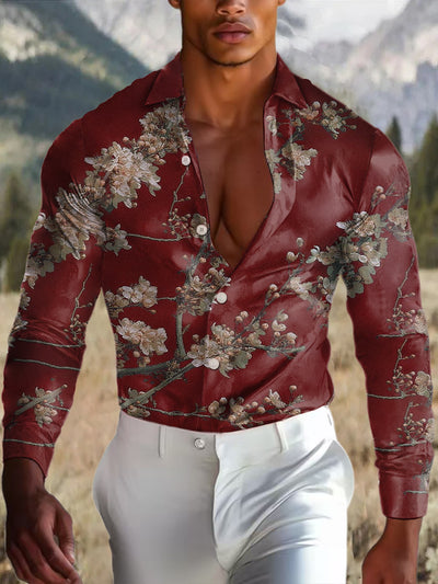 Men's Outdoor Vintage Western Ethnic Floral Pattern Royal Casual Cotton Satin Long Sleeve Shirt