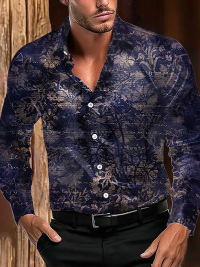 Men's Outdoor Vintage Western Floral Alphabet Royal Casual Cotton Satin Long Sleeve Shirt