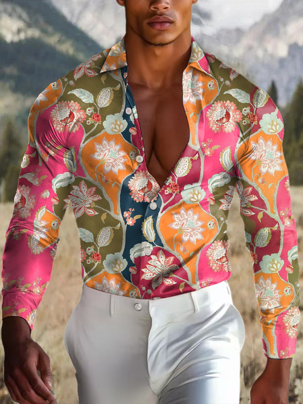 Men's Outdoor Vintage Western Ethnic Colorful Floral Plants Royal Casual Cotton Satin Long Sleeve Shirt