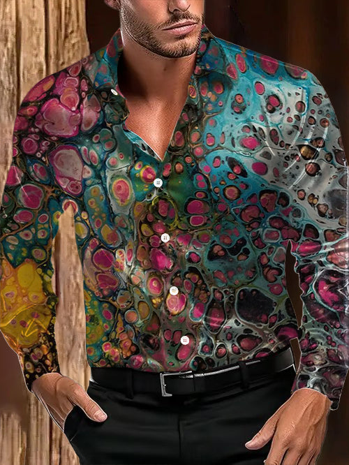 Men's Outdoor Vintage Western Colorful Ripple Bubbles Royal Casual Cotton Satin Long Sleeve Shirt