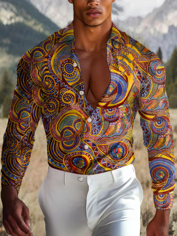 Men's Outdoor Vintage Western Ethnic Colorful Art Floral Royal Casual Cotton Satin Long Sleeve Shirt