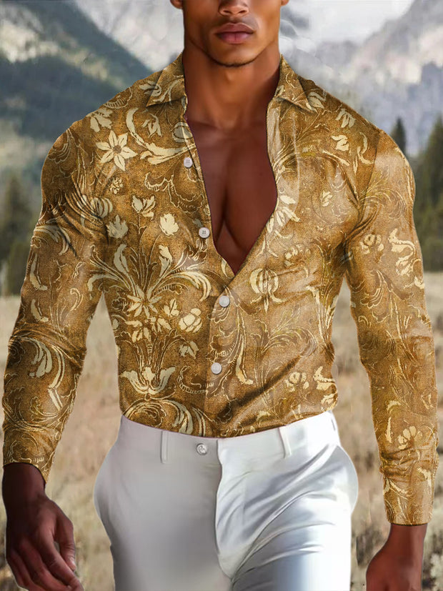 Men's Outdoor Vintage Western Ethnic Floral Pattern Royal Casual Cotton Satin Long Sleeve Shirt