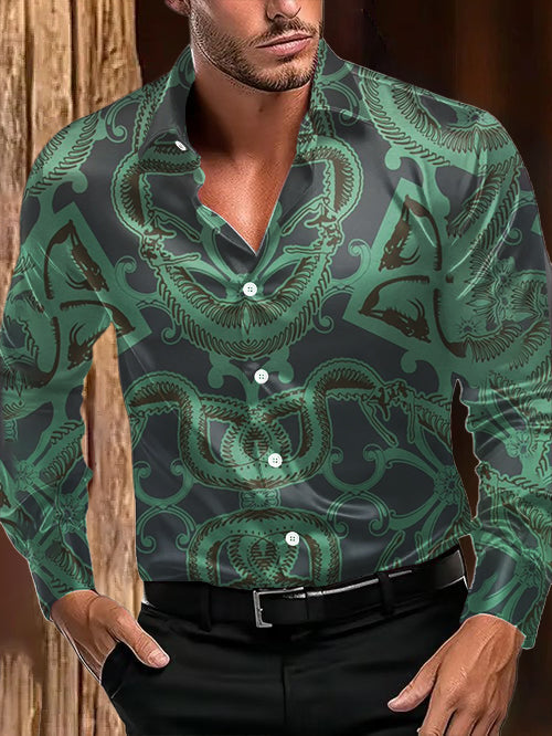 Men's Outdoor Vintage Western Snake Print Royal Casual Cotton Satin Long Sleeve Shirt