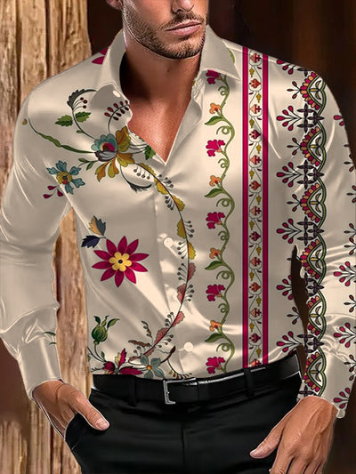 Men's Outdoor Vintage Western Ethnic Colorful Floral Royal Casual Cotton Satin Long Sleeve Shirt