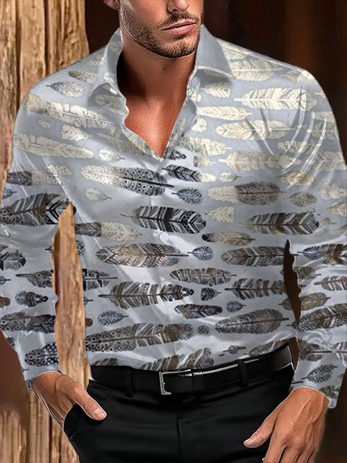 Men's Outdoor Vintage Western Ethnic Gradient Feather Royal Casual Cotton Satin Long Sleeve Shirt