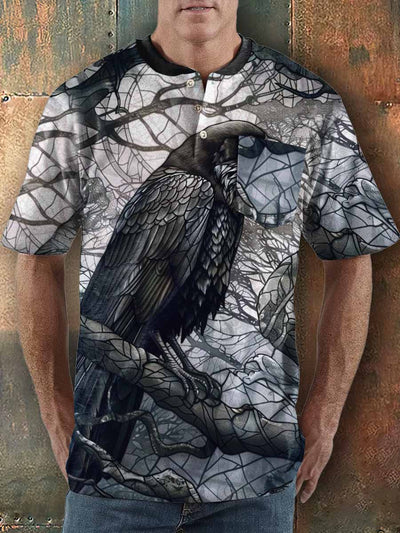 Men's Punk Style Crow Print Henley Collar Pocket T-Shirt