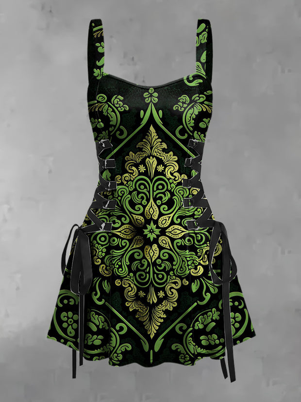 Women's Vintage Gothic St Patrick's Geometric Flower Pattern Print Strappy Sleeveless Strappy Mini Dress