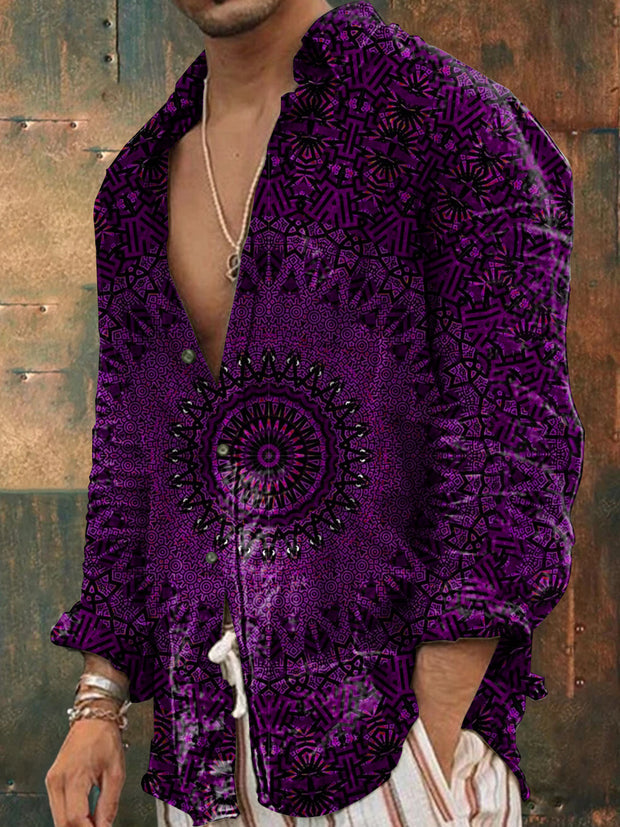 Men's Outdoor Vintage Hippie Perris Mandala Pattern Casual Cotton Long Sleeve Shirt