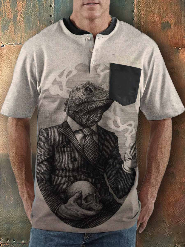 Men's Punk Style Mr Lizard Print Henley Collar Pocket T-Shirt