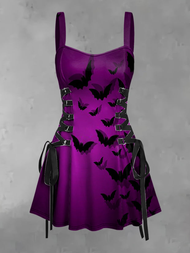 Women's Vintage Gothic Dark Bat Shadow Print Strappy Sleeveless Strappy Mini Dress