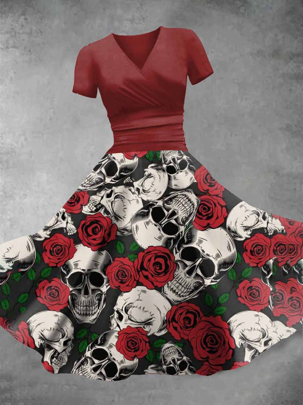 Women's Punk Style Skull Rose Graphic Print Casual Short Sleeve Dress