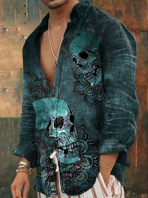 Men's Outdoor Vintage Hippie Dark Skull Mandala Flower Pattern Casual Cotton Long Sleeve Shirt