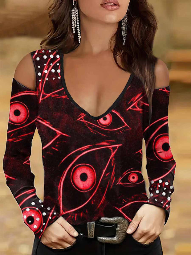 Women's Punk Style Magic Eyes Print Studded V-Neck Top