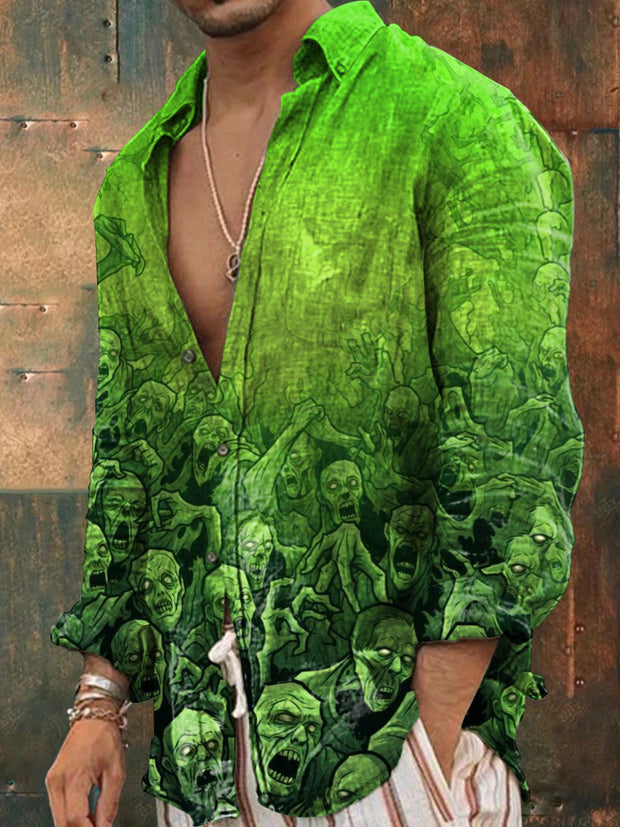 Men's Outdoor Vintage Punk Dark Gradient Green Skulls Pattern Casual Cotton Long Sleeve Shirt