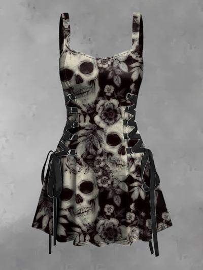 Women's Vintage Punk Dark Skull Floral Leaves Print Strappy Sleeveless Strappy Mini Dress