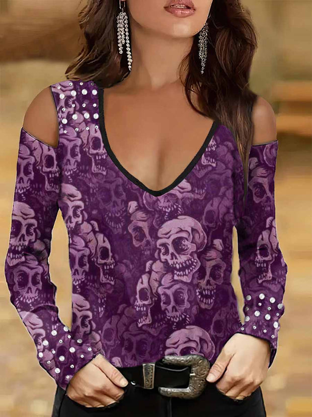 Women's Punk Style Magic Skull Print Studded V-Neck Top