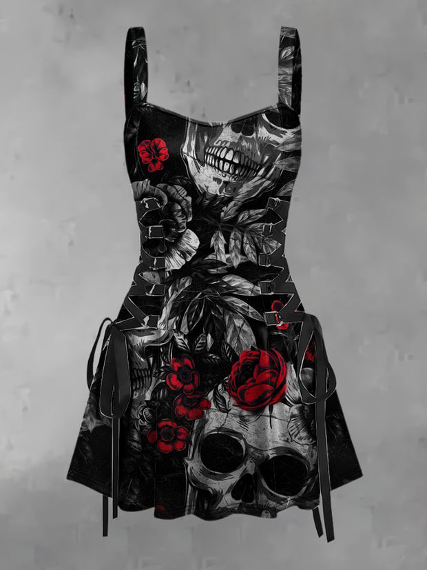 Women's Vintage Punk Dark Skull Red Flower Print Strappy Sleeveless Strappy Mini Dress