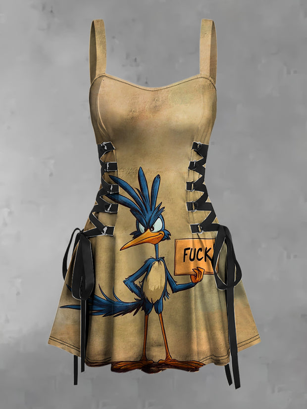 Women's Retro Punk Funny Animal Duck Fuck Print Strappy Sleeveless Strappy Mini Dress