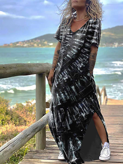 Women's Broken Glass Print Design Short Sleeve Maxi Dress