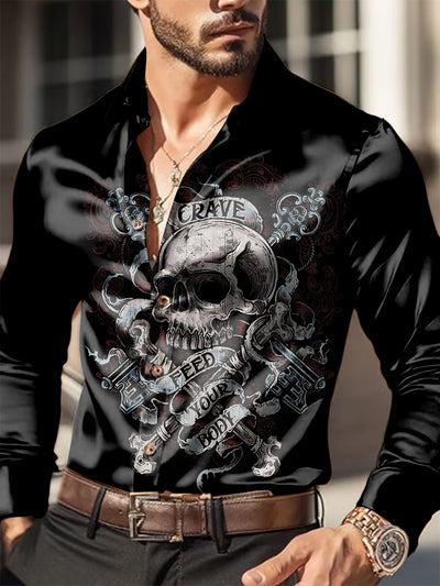 Men's Outdoor Vintage Dark Punk Skulls Royal Casual Cotton Satin Fabrics Long Sleeve Shirt