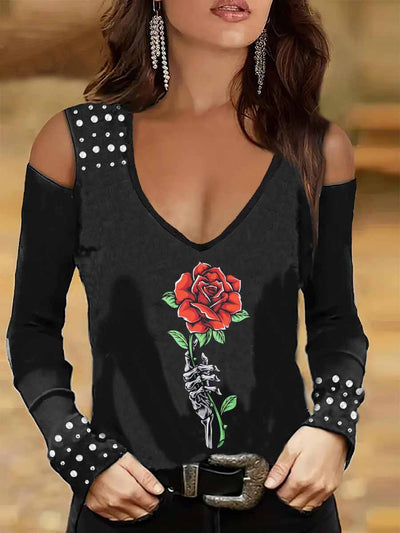 Women's Punk Style Rose Skull Print Studded V-Neck Top