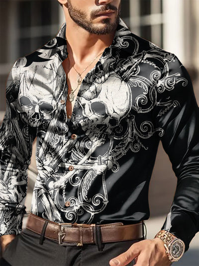 Men's Outdoor Vintage Dark Punk Skulls Royal Casual Cotton Satin Fabrics Long Sleeve Shirt