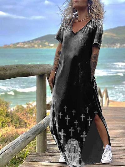 Women's Gothic Style Jesus Print Design Short Sleeve Maxi Dress