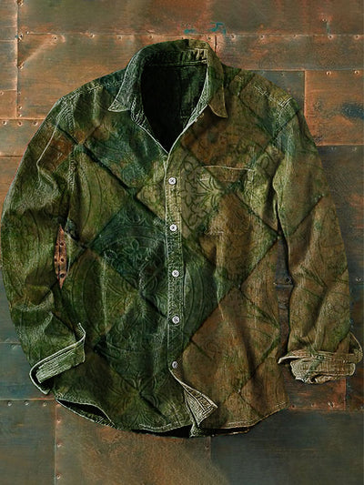 Unisex Men's Vintage Western Colourful Green Leaf Abstract Print Casual Long Sleeve Shirt