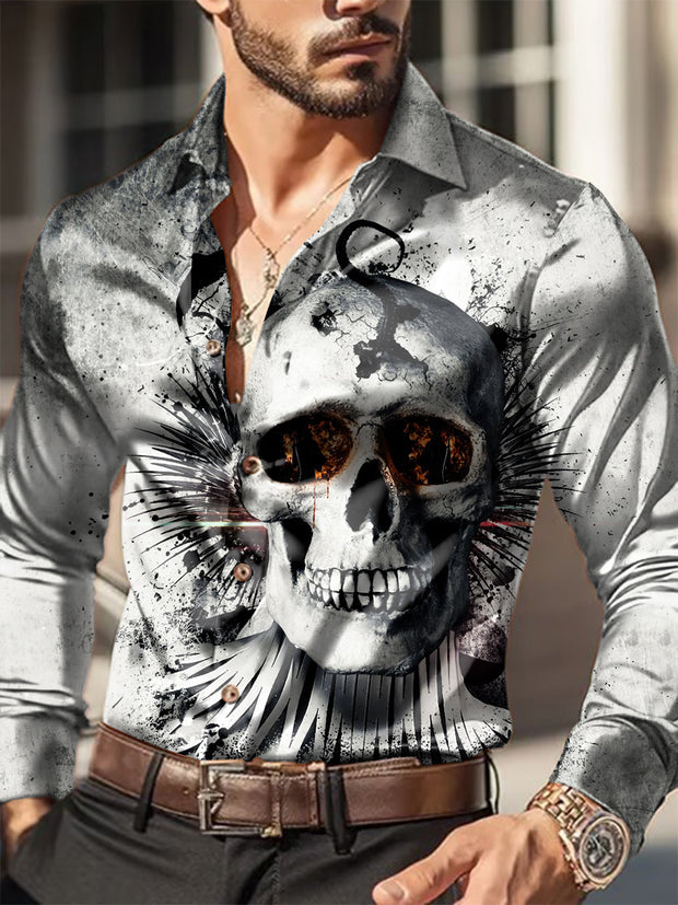 Men's Outdoor Vintage Dark Punk Skull Eyes Royal Casual Cotton Satin Fabrics Long Sleeve Shirt