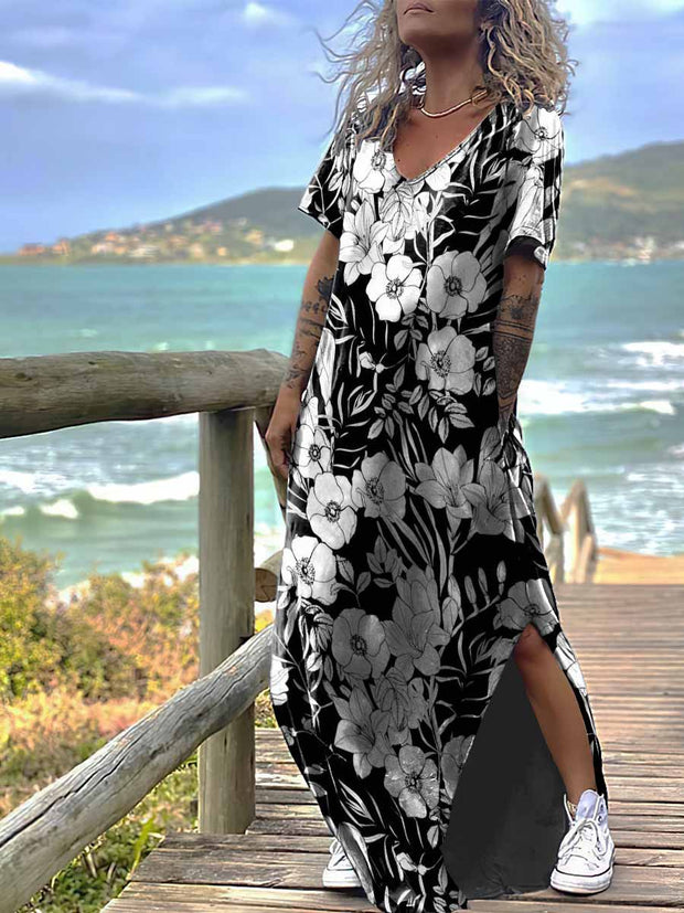 Women's Gothic Flower Plants Print Design Short Sleeve Maxi Dress