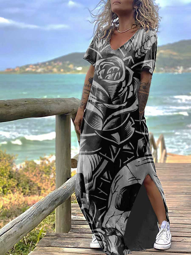 Women's Gothic Rose Skull Print Design Short Sleeve Maxi Dress